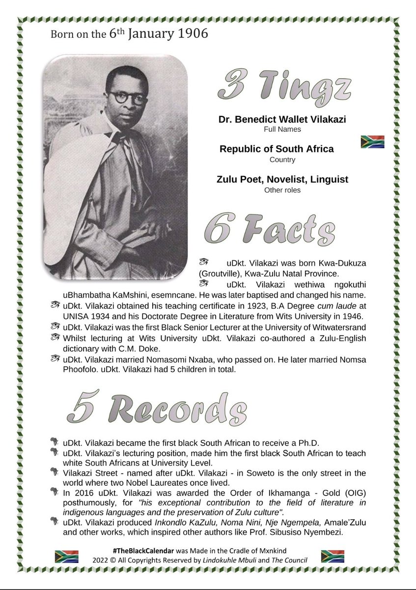 calendar_black's tweet photo. Today we take a Moment to: Remind and Inspire you...

Profile CandiDATE: Dr. BW Vilakazi
Date of Birth: 6 January 1906

For more information, see below.

Quote of the Month: "Research is formalized curiosity. It is poking and prying with a purpose."

#TheBlackCalendar
128 of 365 https://t.co/lVQBVy3RtM