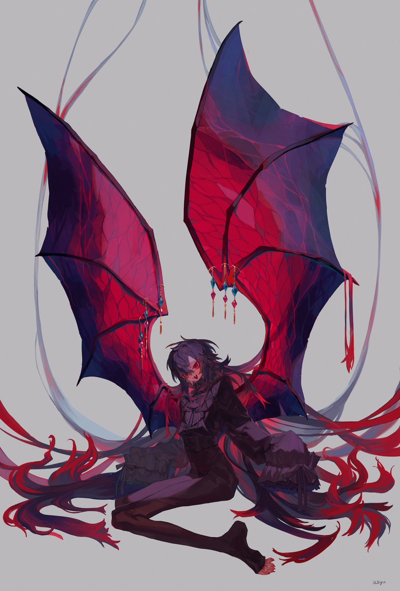 wings solo 1boy male focus blood long hair red eyes  illustration images