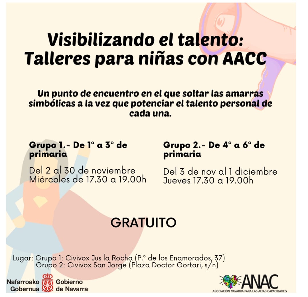 Estimadas familias!
gracias a la subvención de GN en materia de igualdad, podemos ofrecer GRATUITAMENTE los talleres para niñas: "Visibilizando el talento: Talleres para niñas con AACC"
Porque la inteligencia no es una cuestión de género.
forms.gle/oTB9a3bHnpsbSF…