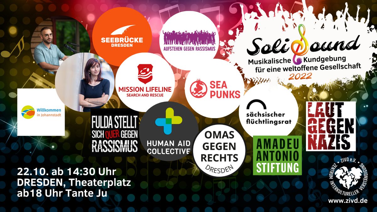 Kuddlersen's tweet photo. Schon zweimal mussten wir das #SoliSound wegen #Corona absagen. Deshalb freue ich mich doppelt und dreifach auf den 22.10 in #Dresden. Mit musikalischen Acts wie z.B. @sebkrumbiegel oder @HolleBMC und Redebeiträgen von @OgRD_Buendnis @SEENOTRETTUNG und vielen anderen. https://t.co/YzooqhXShS