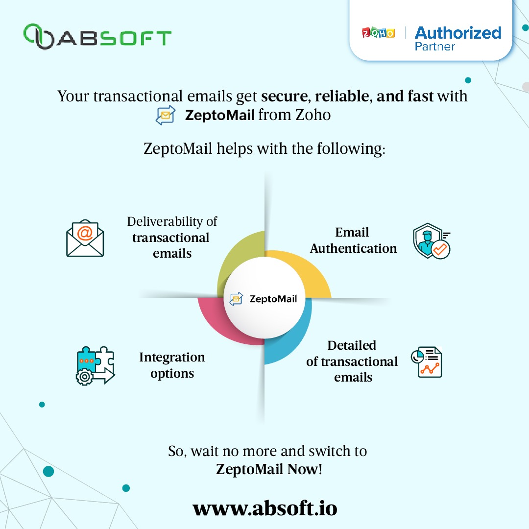 Absoft_IT's tweet image. ZeptoMail is tailor-made for sending transactional emails, ensuring fast delivery and inbox placement of emails from your app

For more information, visit:  absoft.io 

#absoft #absoftsolutions #zoho #zeptomail #lead #zohobusiness #zohoteam #mobileapplication #zoho