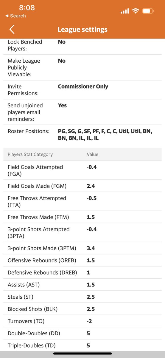 Nate_L_L's tweet photo. @YahooFantasy team, need some quick help setting up a H2H points league in NBA. I’m trying to put 3pts worth 3 and if you miss it’s just -0.4, have I done it correct or have I counted a 3pt as 5 points as per the picture (due to field goals) https://t.co/vO7ldrIgPf