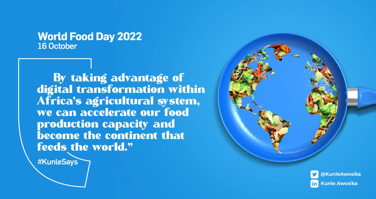 A hungry #Africa cannot and will not be the future. With more than 2.5 billion people expected to live on the continent by 2050, food production has to accelerated within the Africa continent. 

More on bit.ly/3ELbpi5

#WorldFoodDay #WorldFoodDay2022 #KunleSays