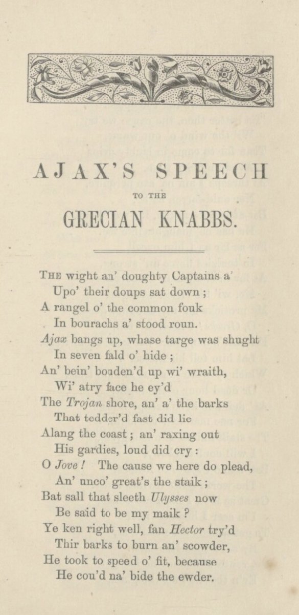 Een o the maist weel thoucht o Scots poyems fae the 18th c. is Robert Forbes’s owersettin, ‘Ajax his speech to the Grecian knabbs’ (1742), fit transforms Ovid’s original intae summin mair ballad like 🏛️
digital.nls.uk/antiquarian-bo…