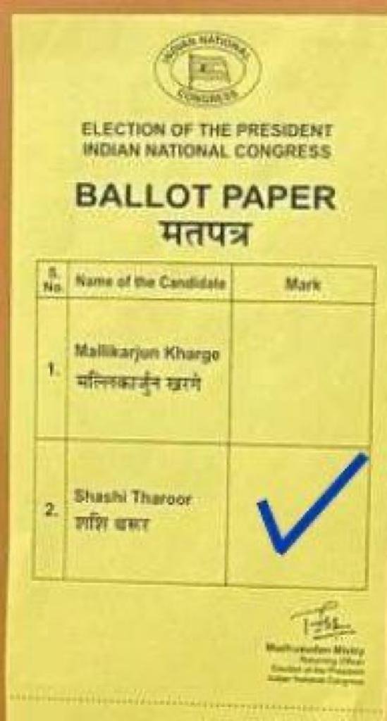 #TharoorElectionUpdate

With respect to marking ballot papers in tomorrow's election of <a href="/INCIndia/">Congress</a> President, the office of Shri Madhusudan Mistry ji has clarified that voters should put a tick mark in the box next to their preferred candidate. 
#ThinkTomorrowThinkTharoor