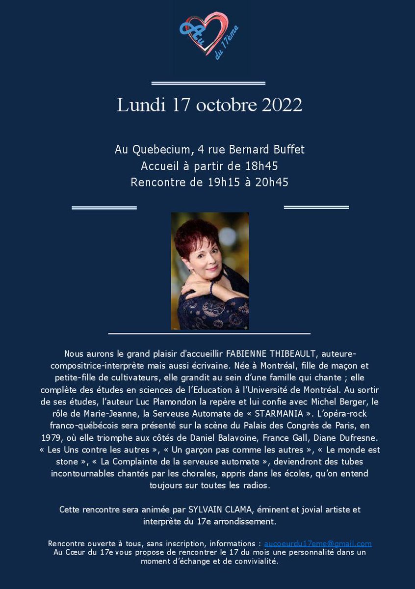 aucoeurdu17eme's tweet photo. Au Cœur du 17e vous informe que la 32e rencontre aura lieu demain soir à partir de 18h45 au Quebecium 
Nous aurons le grand plaisir d'accueillir @FabienneTHIBEA1 avec en 1ère partie « Les Amoureux du Sacré-Cœur », @SandyLRraconte et 
@FranoisDeblaye #librairieduquebec https://t.co/IetZ1xEeiD