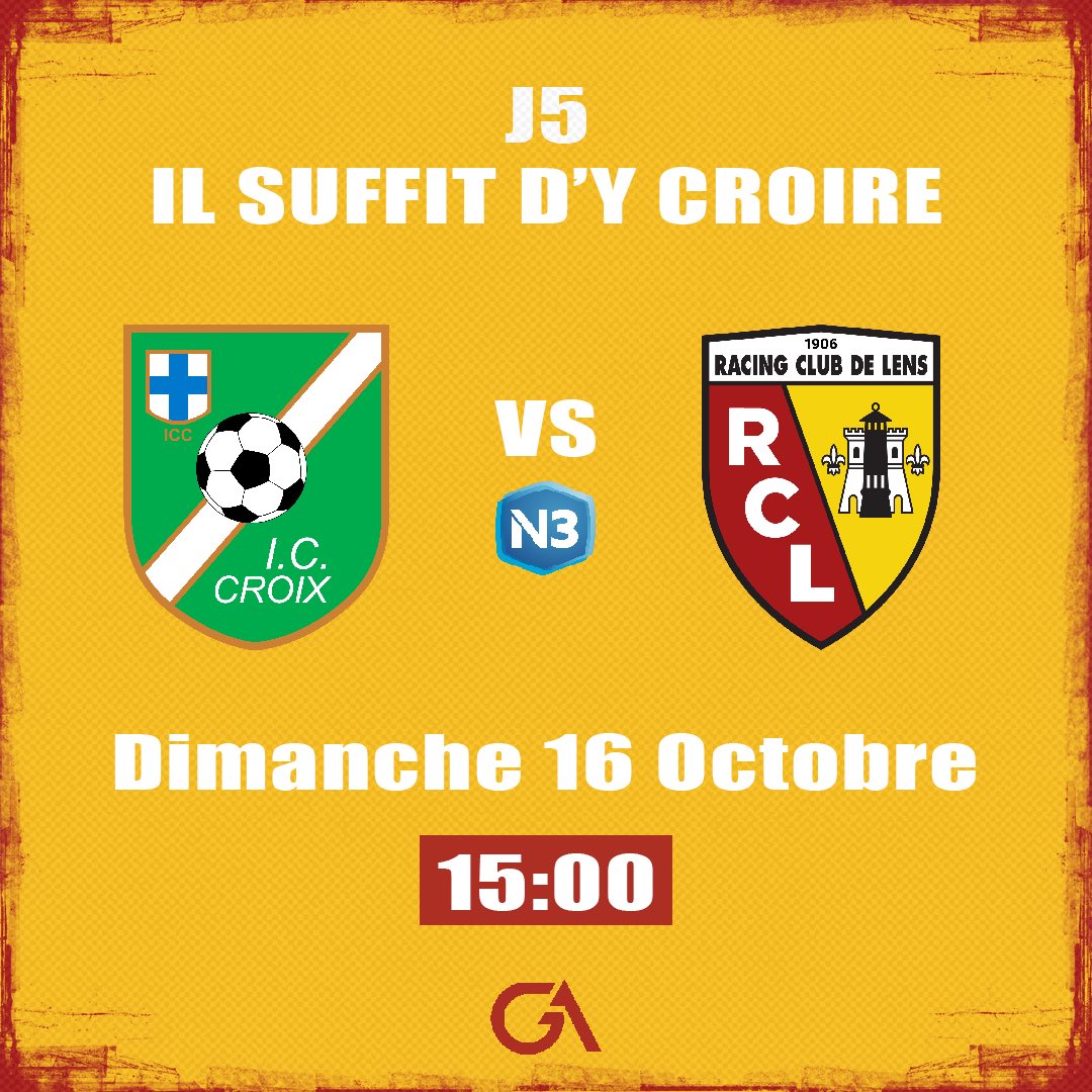 ⚽️ | J5
🆚 | <a href="/IcCroixOfficiel/">IRIS CLUB DE CROIX FOOTBALL</a> 
📍 | Stade Léo Lagrange 
🕖 | 15:00
🎟️ | Gratuit abonnés et -16ans ou 5€