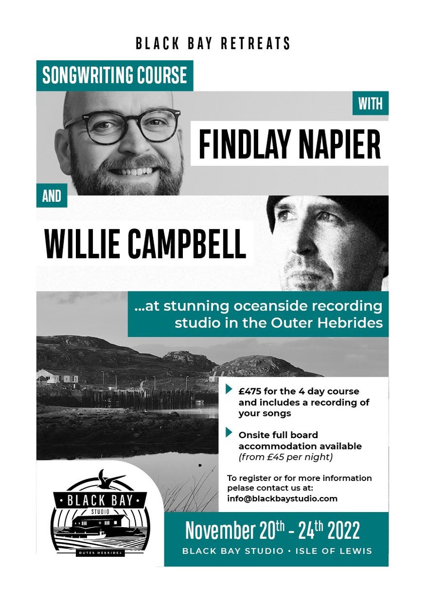 Songwriting Course with @findlaynapier and @opendayrotation at @BlackBayStudio1 on the Isle of Lewis from 20-24 November also possible to book onsite accommodation at the studio too full info see ➡ blackbaystudio.com