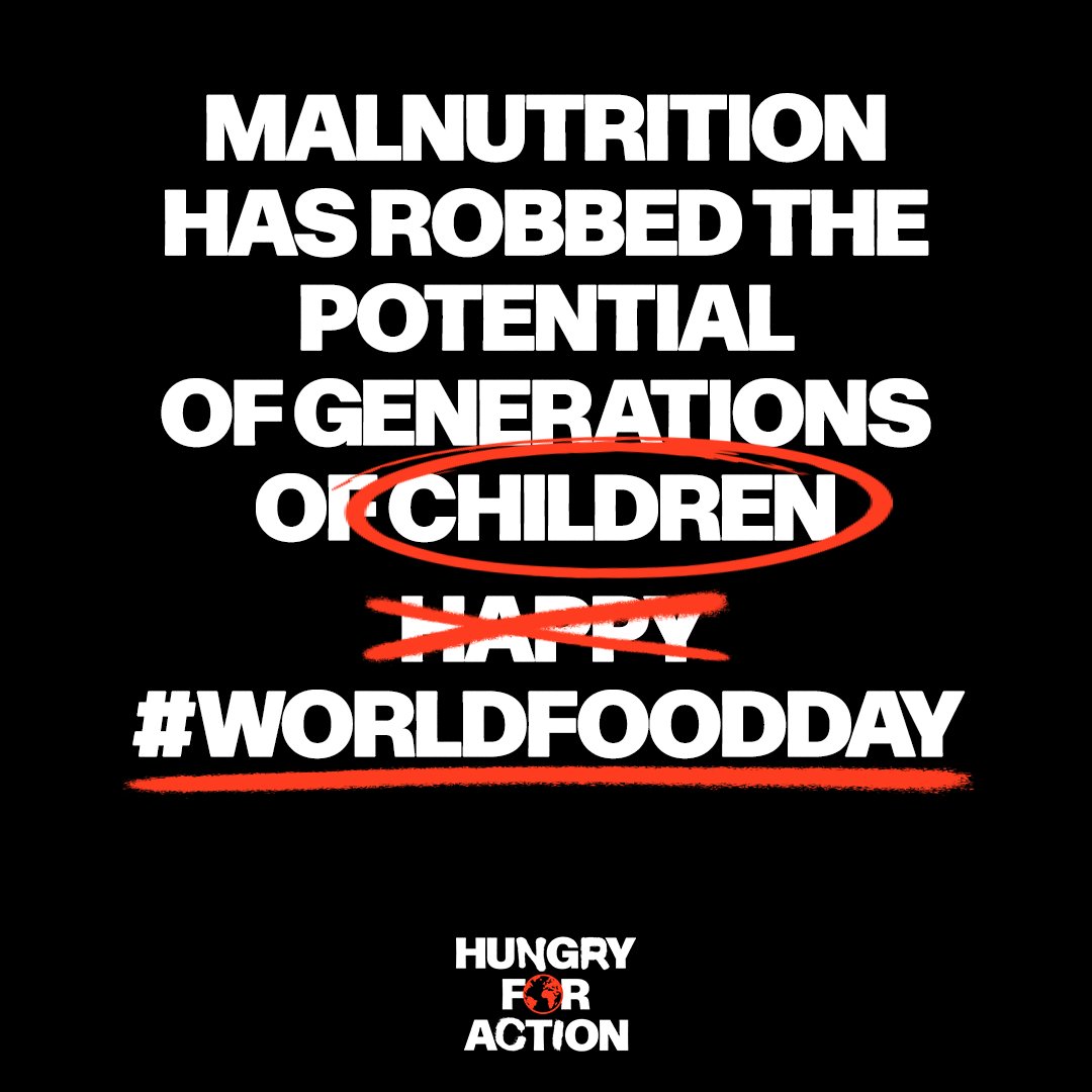 Today is #WorldFoodDay, let's remind ourselves of the FACTS: 🚨828 million people are unsure when they will next eat 🚨50 million people on the brink of starvation 🚨1 in 2 children lacks the nutrients to grow & thrive We need CHANGE! #HungryForAction