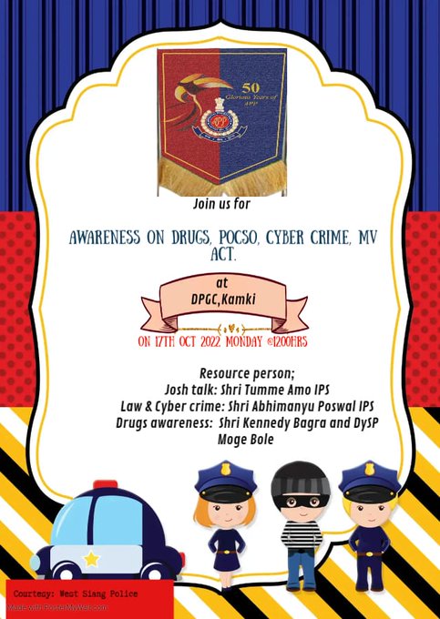 SpAalo's tweet photo. Please join us for Drugs, POCSO, Cyber Crime and MV Act awareness camp at DPGC, Kamki on 17/10/2022 at 1200 hrs. https://t.co/3WOokRIGWv