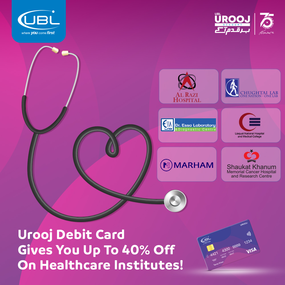 UBLDigital's tweet photo. A deal that keeps you healthy!
Prioritize your health and avail up to 40% discount on Al-Razi Hospital, Chughtai Lab, Dr.Essa Laboratory, Liaquat National Hospital, Marham and Shaukat Khanum with your UBL Urooj Debit Card.
Tens and conditions apply.
#UBL #UBLDebitCard https://t.co/BgImjoFXex