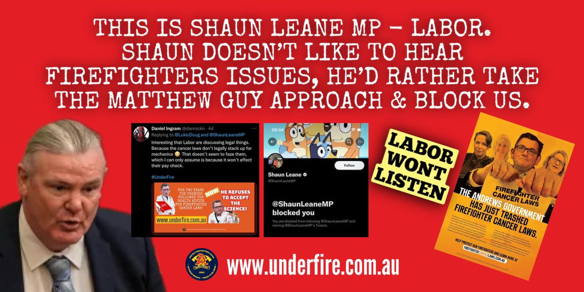 VicFireys's tweet photo. Firefighters try to raise issues around vehicle safety and presumptive legislation being trashed by @JaclynSymes to Labor Mps like @ShaunLeaneMP, his solution Block them! 

#auspol #doingwhatmatters #vicpol #Labor https://t.co/i60bp1Arhd