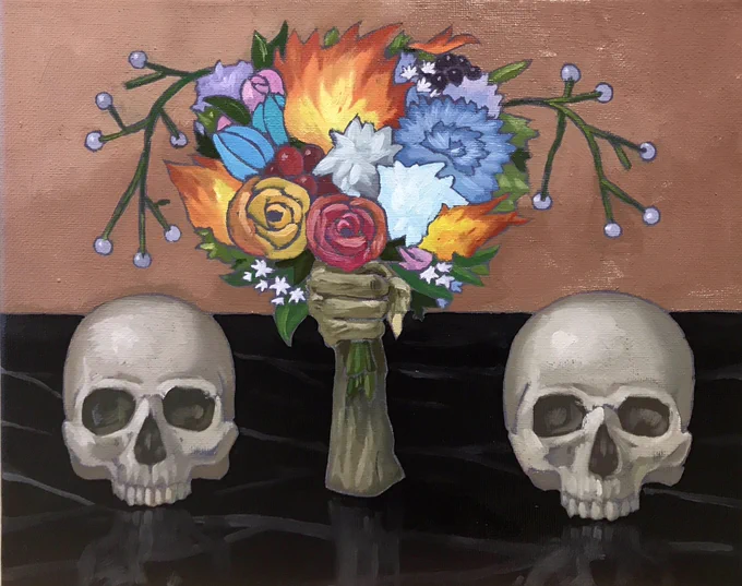 #メンタルスケッチ

「花を持つミイラと2人の骸骨」

F3/キャンバス、油彩/2022

スケッチの段階では「花束みてぇな恋の静物」って題名だったけど、あんまりかなと思って変えました。 