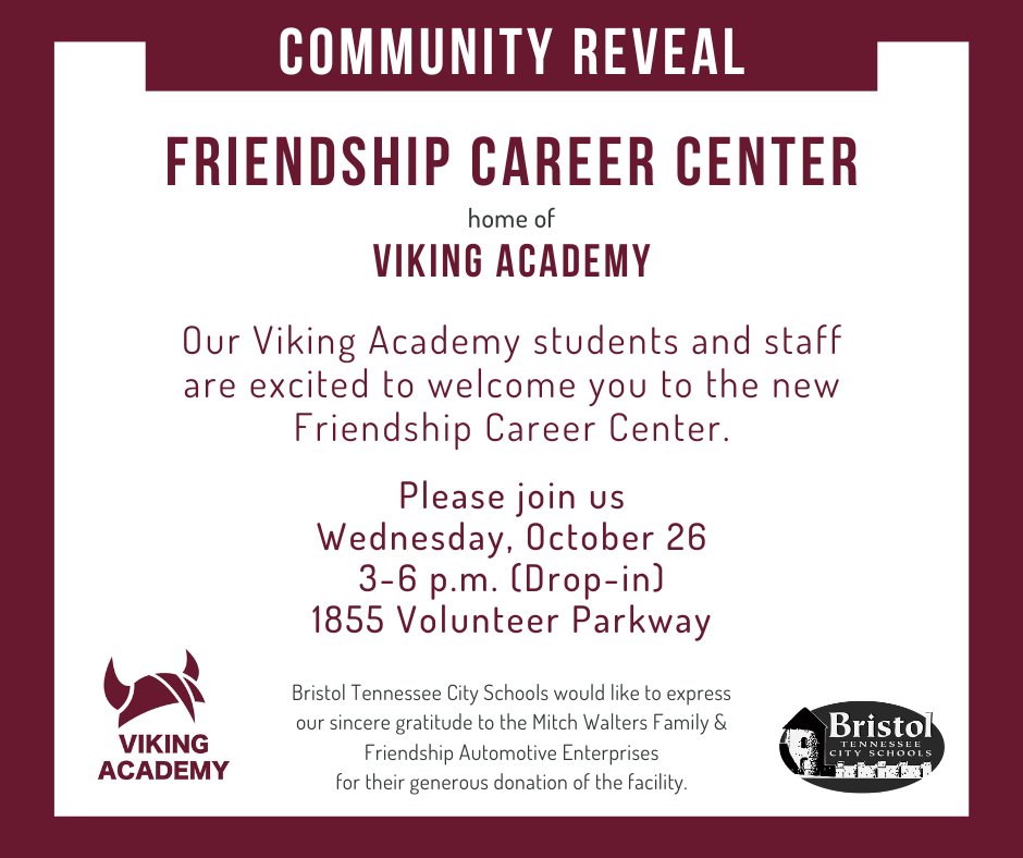 The students and staff of Viking Academy are excited to introduce the community to the new Friendship Career Center!  Everyone is welcome to drop-in from 3-6 p.m. on October 26. #BTCSIgnite