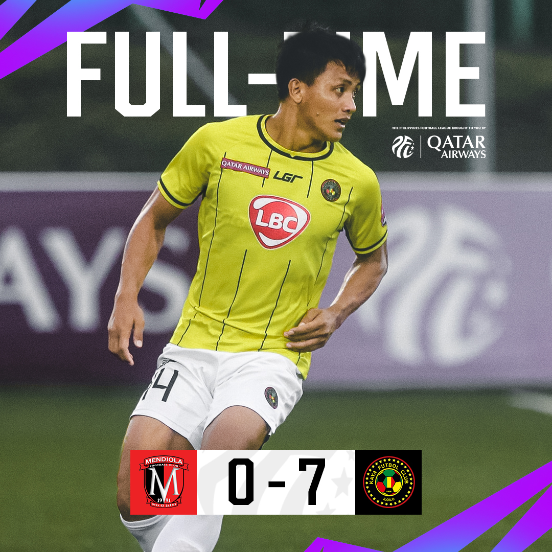 𝐅𝐔𝐋𝐋-𝐓𝐈𝐌𝐄 | The boys from Iloilo are back in winning ways after a dominant display against the hosts Mendiola. 

<a href="/MendiolaFC/">Mendiola FC 1991</a> 0-7 <a href="/KayaFC/">Kaya Futbol Club</a>  

#PFL2022 | #QatarAirways | #SupportLocalFutbol