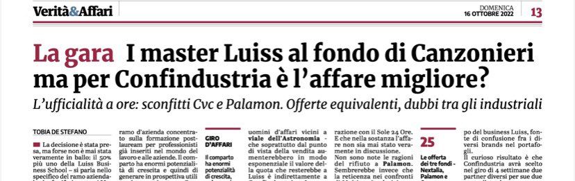 tobiadestefano's tweet photo. Al fondo Nextalia di #Canzonieri il ricco business dei Master executive della Luiss… sconfitti i private equity Cvc e Palamon, ma molti in #Confindustria storcono il naso
Su @veritaeaffari https://t.co/4qm98A5RPM