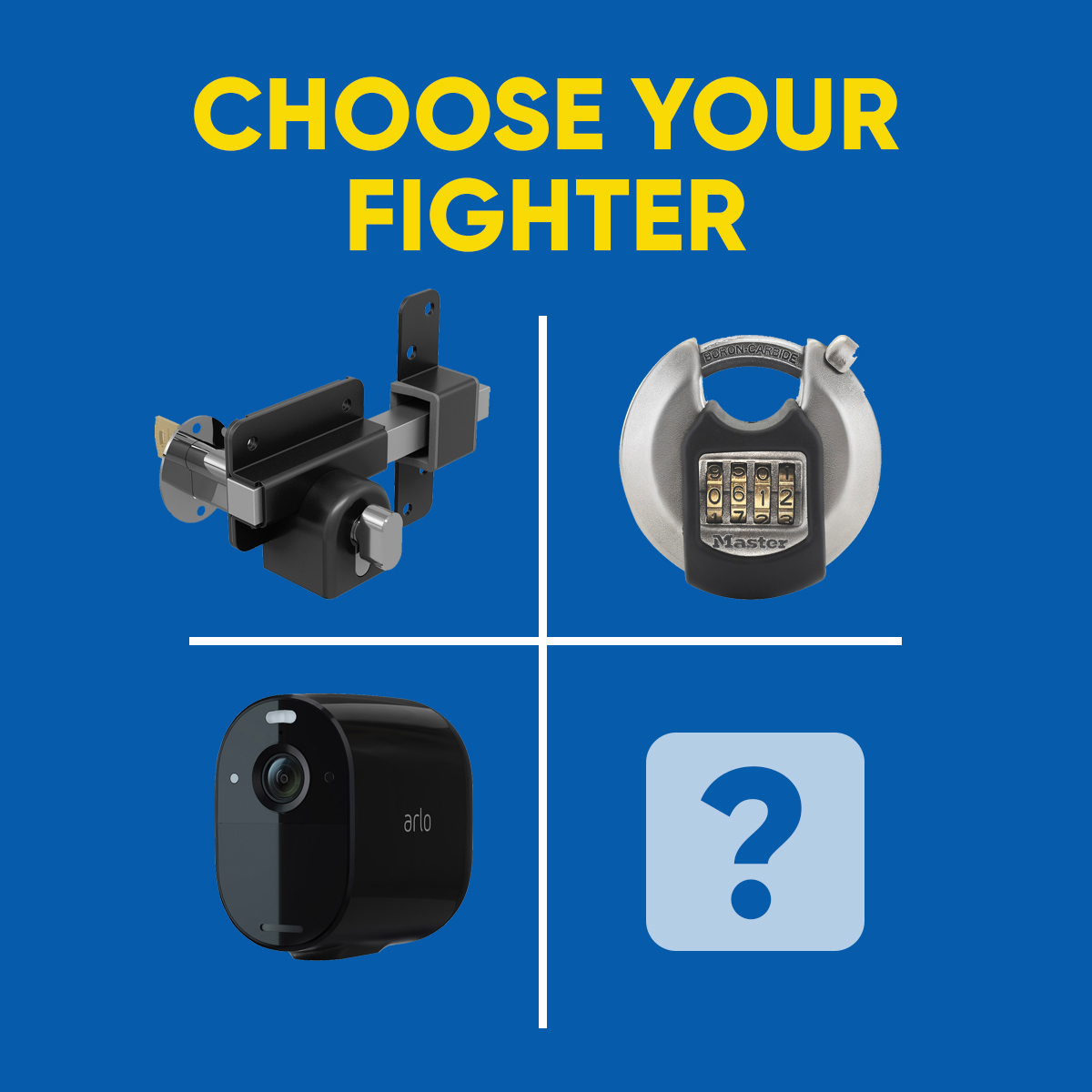 This time, we've got a security scenario for you. What are you choosing to help secure your home? A - GateMate single locking bolt B - Master Lock combination padlock C - Arlo spotlight security camera D - The mystery box What would you hope to be in your mystery box? 🤔
