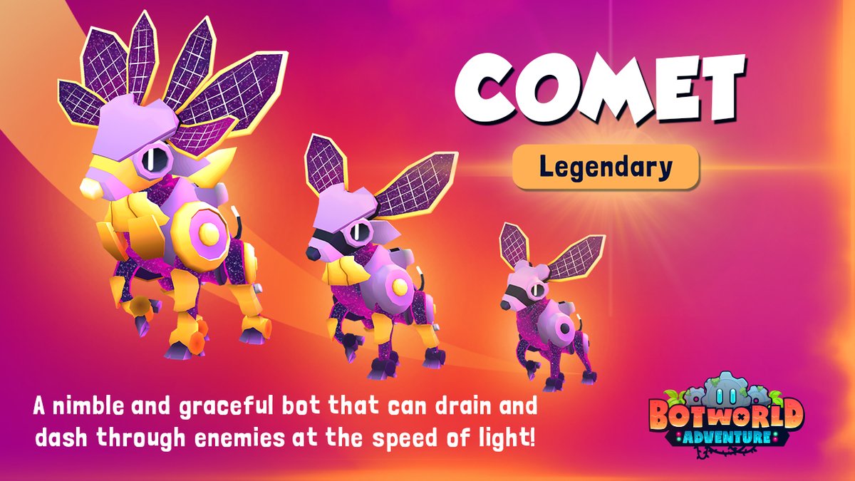 Welcome the Legendary Comet, a new Evader Bot that will be joining #BotworldAdventure soon! This nimble &amp; graceful bot can drain &amp; dash through enemies at the speed of light. Let us know your thoughts about it. #MobileGaming #rpg #rpggame #rpggames #openworldgame #openworldgames