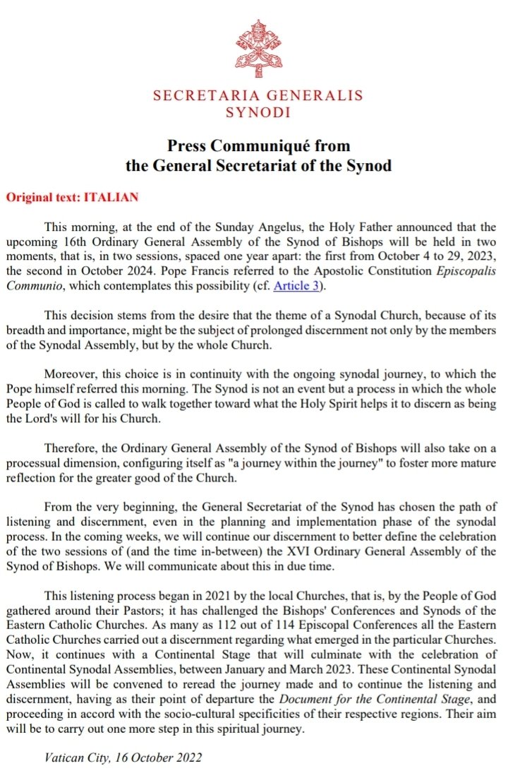 >>> Het Secretariaat van de Synode maakt zojuist bekend dat het doel is her thema ("synodaliteit") nog meer tot een proces te maken waar de heke kerk bij betrokken blijft.