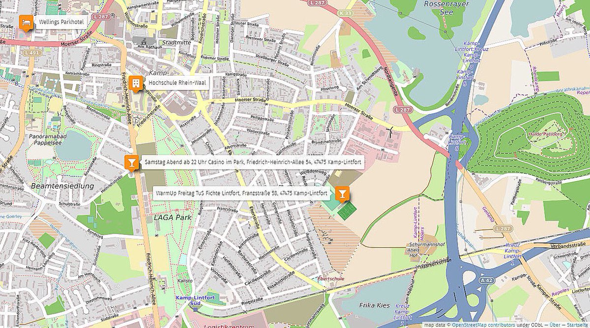 T3CRR's tweet photo. Wo ist was beim #t3crr? Wir haben euch eine Karte erstellt, auf der ihr die Freitag WarmUp Location, die Hochschule Rhein-Waal für die #Barsession & die Location für Samstag ab 22 Uhr findet. Quasi zur Einstimmung. 💪 (map data © OpenStreetMap contributors under ODbL) #TYPO3 https://t.co/WYJopUZF5A