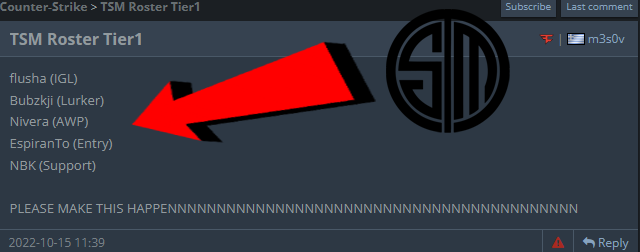 fraudhltv's tweet photo. BREAKING: TSM to take CS:GO roster advice from a random HLTV forums user https://t.co/WvQ1HRGLu9