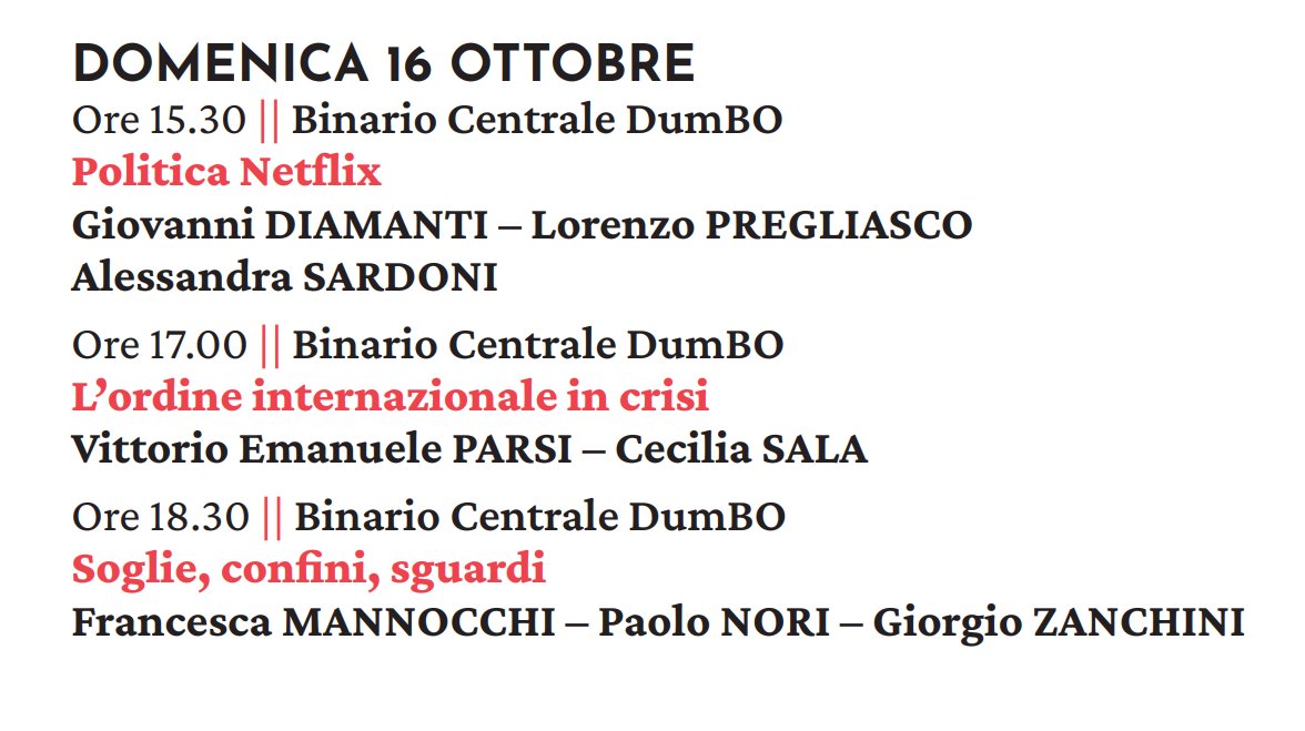 Sto andando a Bologna per il festival di @pandorarivista. Alle 15.30 da DumBO parleremo di Politica Netflix con @giodiamanti. Fossi in voi farei un salto (se non altro perché poi dopo ci sono @ceciliasala e Vittorio Emanuele Parsi!)