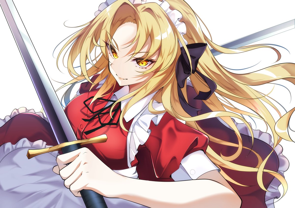yumeko (touhou) 1girl sword weapon holding maid headdress blonde hair yellow eyes  illustration images