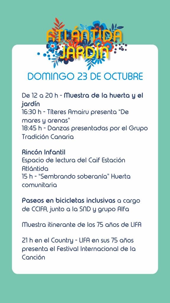 TurismoCanario's tweet photo. 🌺 IX EDICIÓN DE ATLÁNTIDA JARDÍN
En el mes aniversario de Atlántida llega la IX edición de #AtlántidaJardín con charlas, talleres, cine, muestras, paseos en bicicletas inclusivas y más.
🗓Sábado 22, de 14 a 20 hs.
🗓Domingo 23, de 12 a 20 hs.
📍Microcentro de #Atlántida https://t.co/byo7mv1G1a