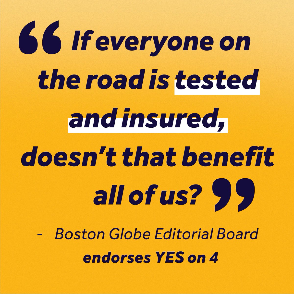 yesonfourma's tweet photo. Say it louder for the people in the back 📢

@GlobeOpinion is endorsing #YESon4 because they know ensuring that all drivers are tested, licensed, and insured is just common sense. https://t.co/EpqVJhzLwH