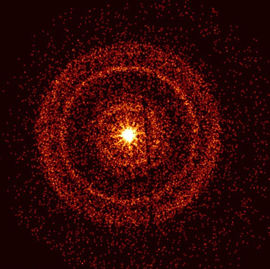 coreyspowell's tweet photo. One week ago, an exceptionally bright gamma ray burst lit up the sky, indicating the likely birth of a black hole 1.9 billion light years away. NASA's Swift space telescope captured this image of the burst illuminating layers of dust in our galaxy. https://t.co/wrbhJ3uOFS https://t.co/jjnxOOcH3Q