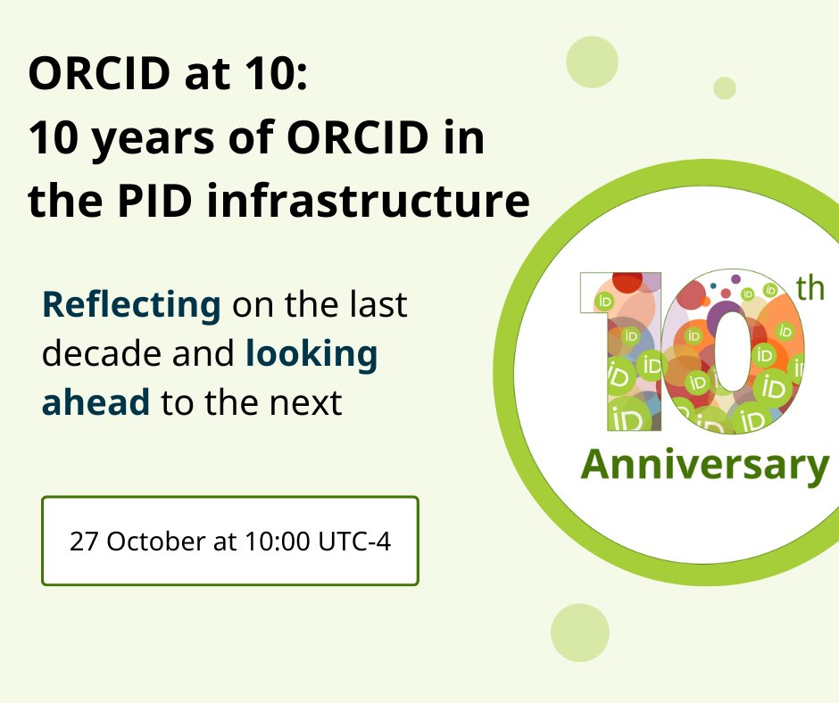 10 years ago today, we launched the @ORCID_Org Registry. Congratulations to the ORCID team for reaching this important milestone!! Join us online 27 October for what promises to be a fun conversation. Register here: ow.ly/AmgL50L8tr3 #persistentresearchinfrastructure