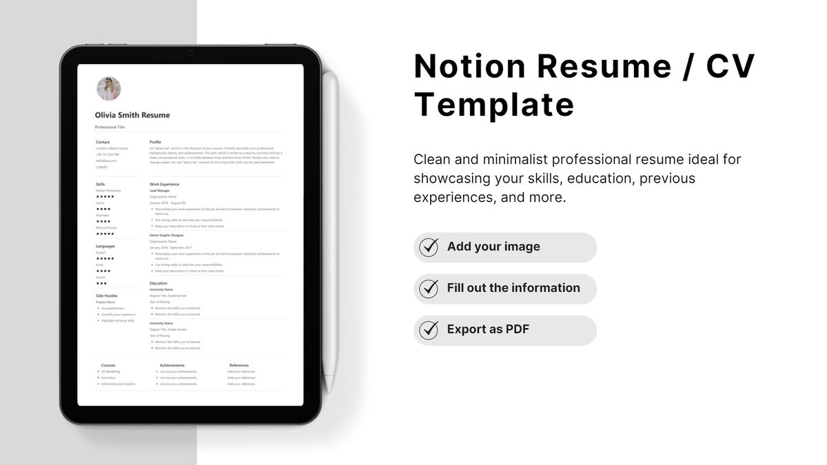 I have built a FREE Resume/ CV <a href="/NotionHQ/">Notion</a> template. It includes 

☑️Minimal, Clean, and professional layout.
☑️ Easily highlight skills and previous work
☑️Fully Customizable
☑️Easily export as a PDF

Reply below 👋🏻and retweet, and I'll DM you the link #notiontwt