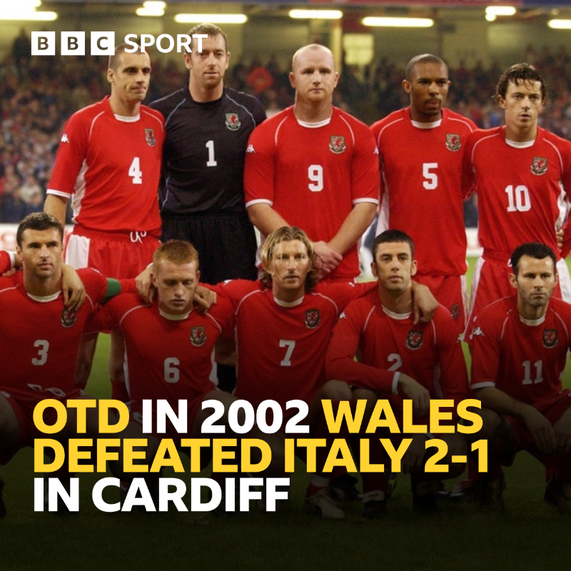 OTD in 2002 Wales defeated Italy 2-1 in Cardiff. ⚽ What a day for Welsh Football fans! 🏴󠁧󠁢󠁷󠁬󠁳󠁿 #BBCFootball