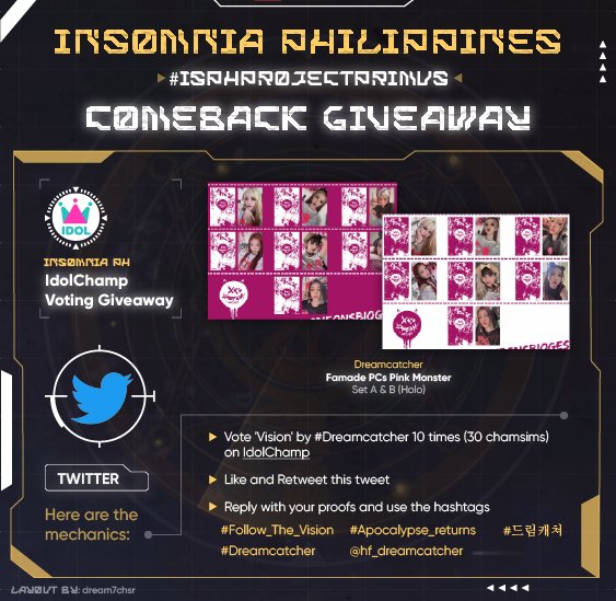 InSomnia_Ph's tweet photo. #ISPHProjectPrimus IdolChamp Voting Giveaway 🌱 FiloSomnias only.
Mechanics:
-Vote 'Vision' by #Dreamcatcher 10 times (30 chamsims) on IdolChamp
-Like and RT this tweet
-Reply with your proofs and use the hashtags
#Follow_The_Vision #Apocalypse_returns
#드림캐쳐 #Dreamcatcher https://t.co/D77CfsX48n