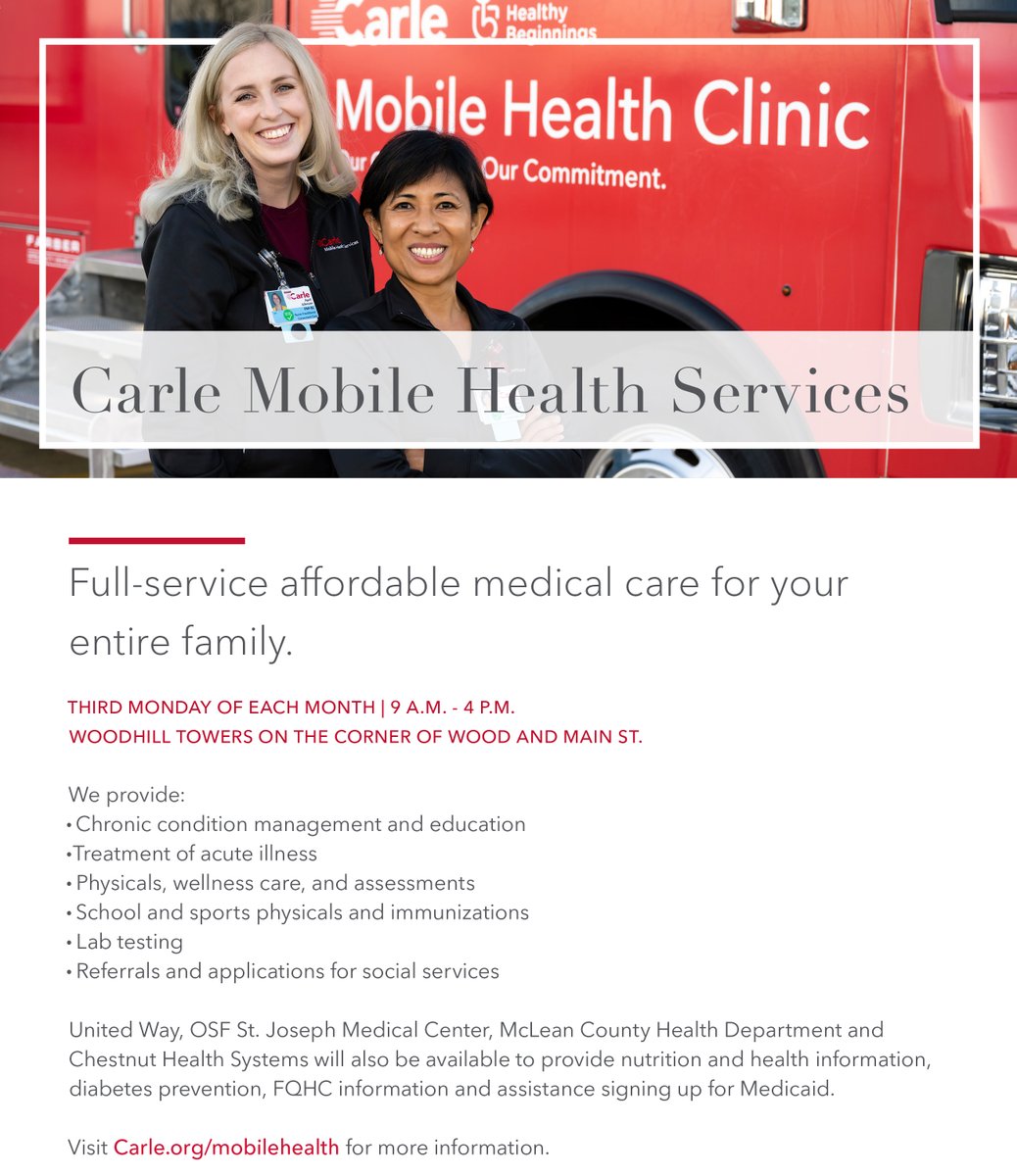 CarleHealth's tweet photo. Carle's Mobile Health Clinic will bring its services to Bloomington on Monday 10/17 and will be in Champaign-Urbana the rest of the week.

Check us out for flu shots, COVID-19 vaccine, physicals, wellness care, lab testing and more! 🚌 https://t.co/LnumgryJyD https://t.co/LHUmTZ2lGj