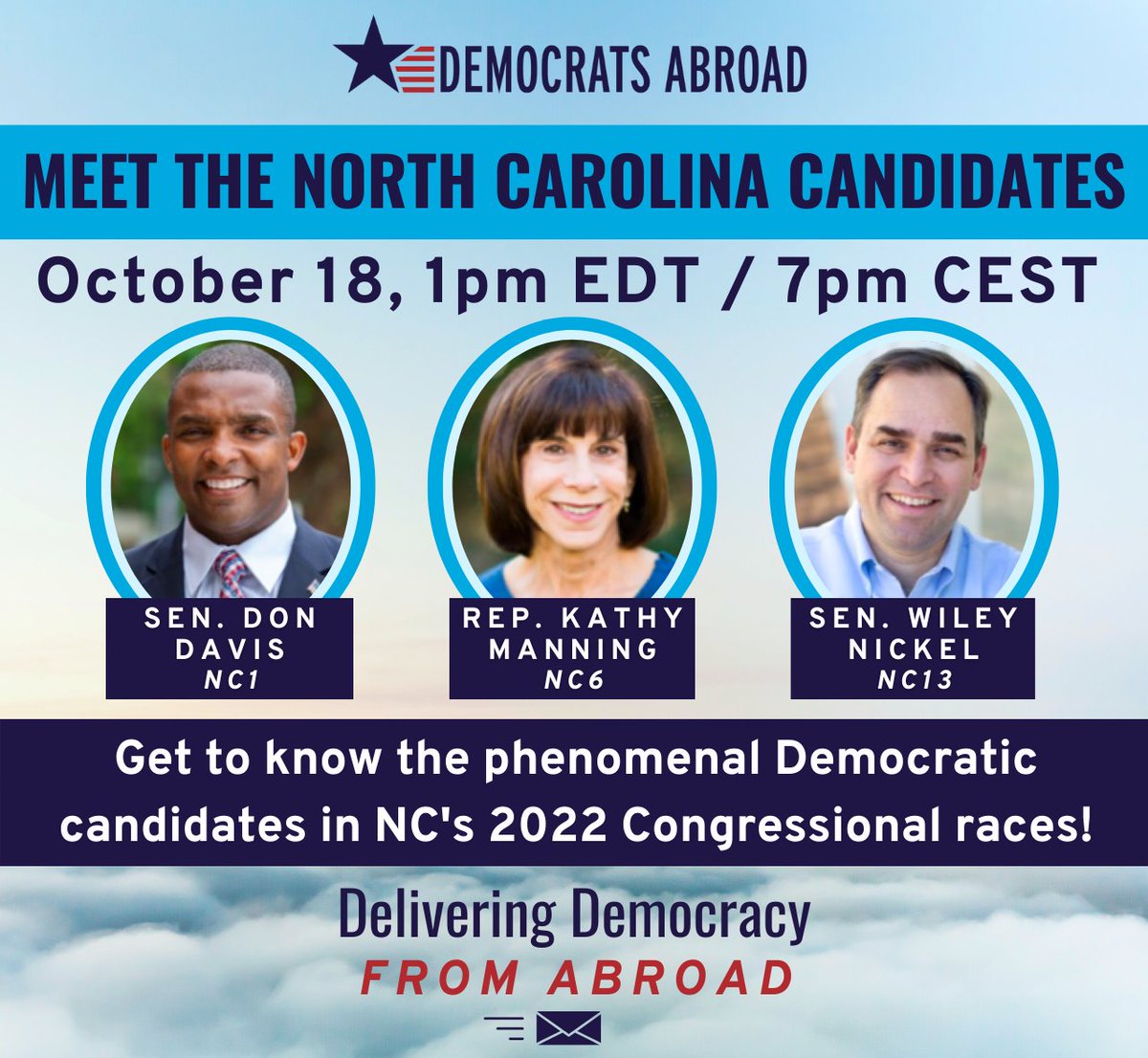 NC voters abroad!
Two more days til our next #MeetTheCandidates event with <a href="/DonDavisNC/">Don Davis</a> <a href="/KathyManningNC/">Kathy Manning</a> &amp; <a href="/wileynickel/">Wiley Nickel 🇺🇸</a>!

You can still register to vote, so go to votefromabroad.org/states/NC and then join us on Oct 18th.

RSVP: democratsabroad.org/stateteams/mee…

#NC01 #NC06 #NC13 <a href="/NCDemParty/">NC Democratic Party</a>