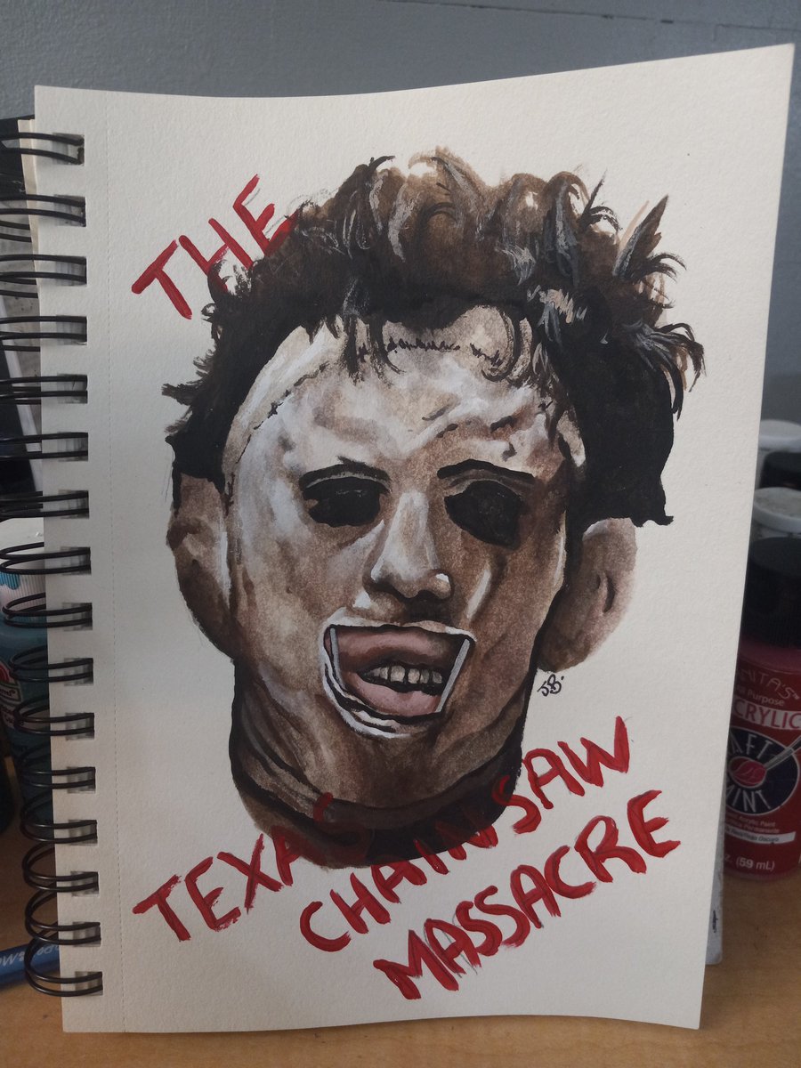 Jmonroe1989's tweet photo. Art prompt today was classic horror. I chose Leatherface. Acrylics on paper. #art #artist #ArtistOnTwitter #HorrorFan #leatherface #painting #Halloween #halloweenart #acrylicpainting #HorrorArt https://t.co/43xKe1dj30
