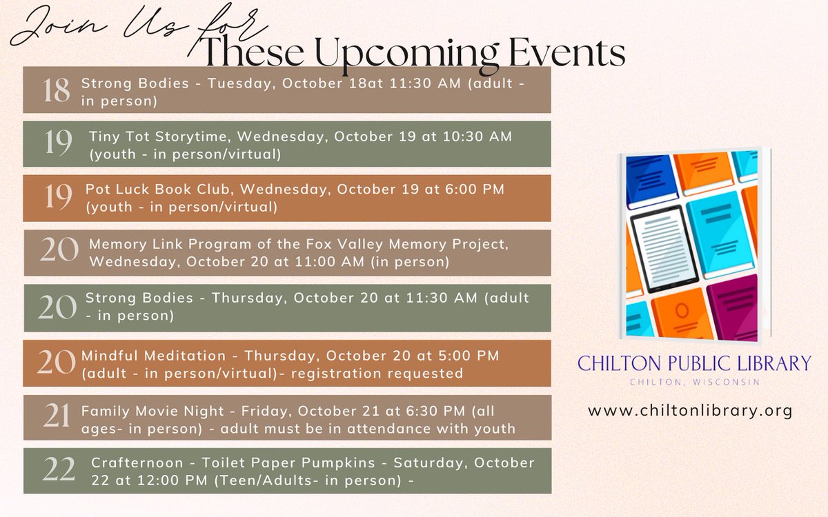 chilton_library's tweet photo. Here are some fun library events to add to your calendar.
#chiltonlibrary #chiltonpl #libraryevents #books #libraryfitness #crafternoon https://t.co/r33rq2MC1y