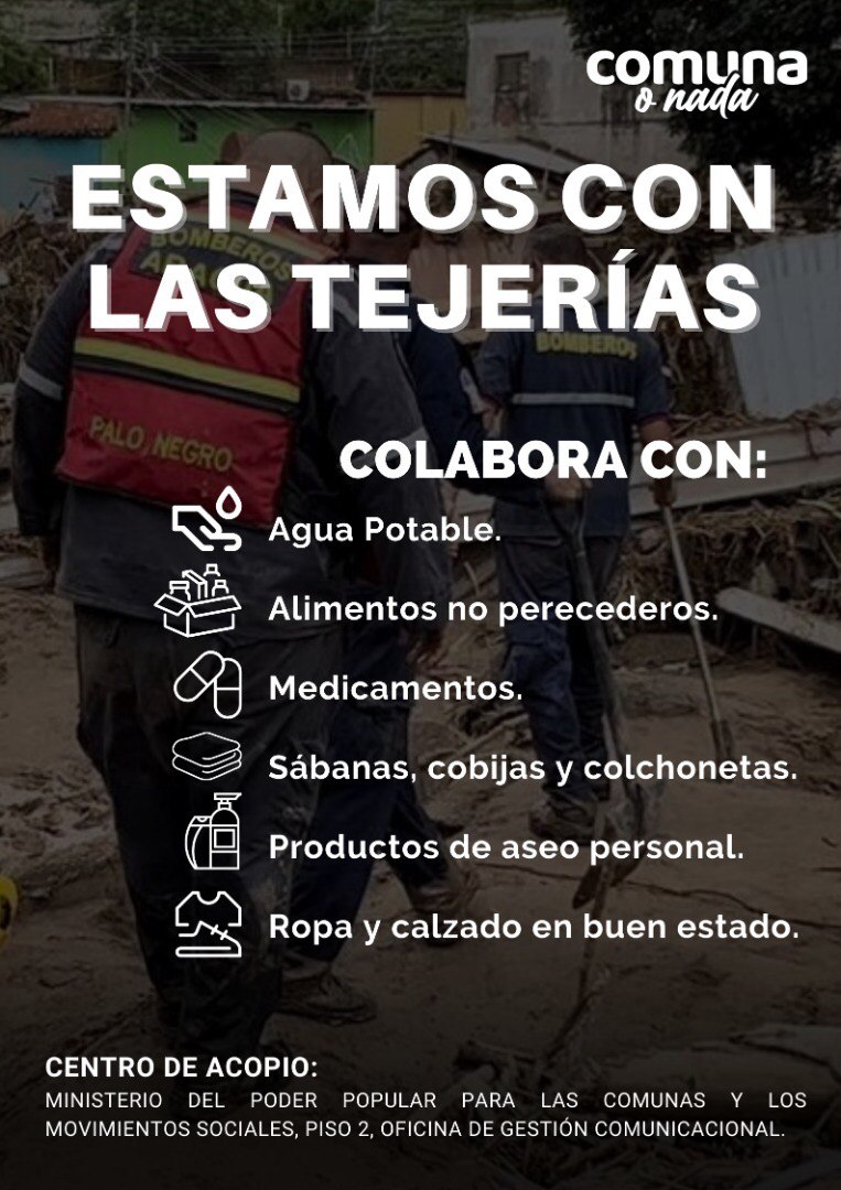 #19Oct | Frente a las adversidades y el dolor, los venezolanos y venezolanas estamos hechos de solidaridad, por eso, el @ComunasVE_ convertirá sus instalaciones como centro de acopio para nuestros hermanos de #Tejerías.