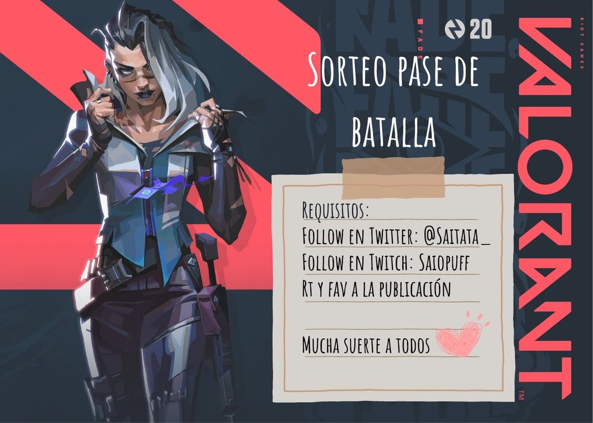 ✨SORTEO!! ✨
10€ RP para que os pilleis el nuevo pase de batalla del Valorant

-Requisitos:
🌸Follow en Twitter 
🌸Follow en Twitch: twitch.tv/saiopuff
🌸Dar RT y Fav a este Tweet

Tenéis hasta el 23 de octubre, haré el sorteo en strem el mismo día✨