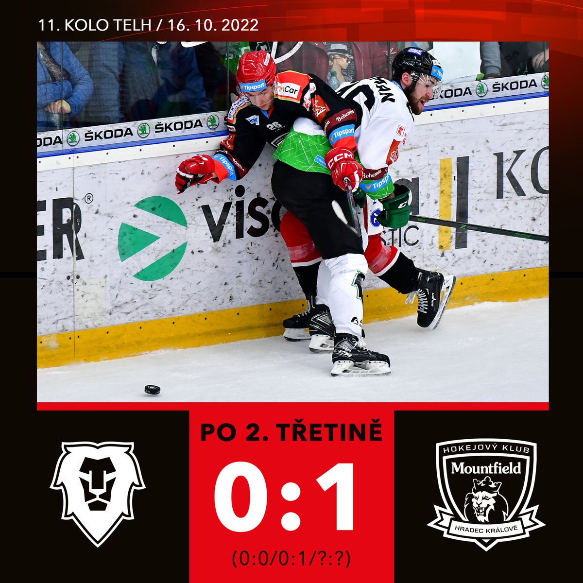 MountfieldHK's tweet photo. 2⃣ Dočkali jsme se! V čase 39:08 naskočil Lukáš #Pajer z trestné lavice, dostal puk před odkrytou bránu od Kevina Klímy a neměl problém ji trefit – vedeme tak 1:0.
Krátce poté se dostali v hledišti do akce záchranáři, druhé dějství proto bylo v témže čase předčasně ukončeno 🙏 https://t.co/TACoJa19CX