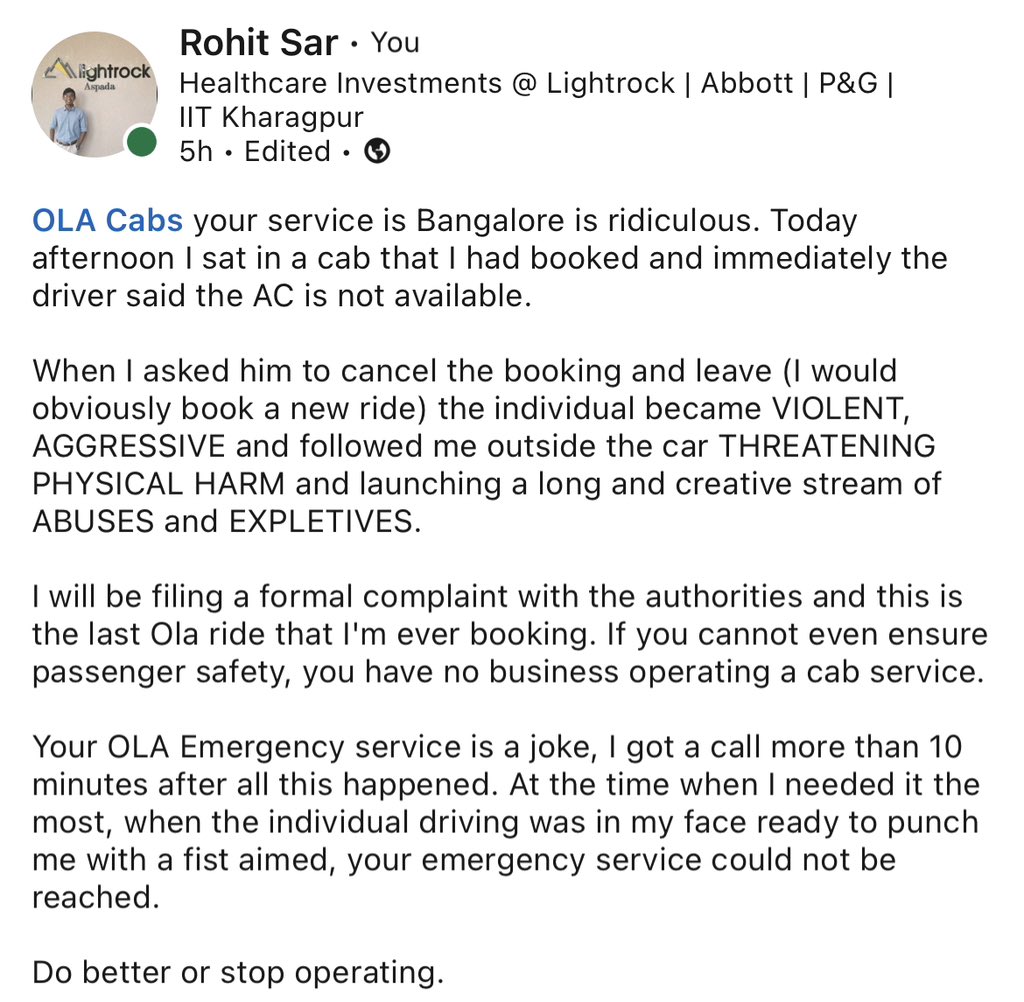 TsarRohit's tweet photo. @Olacabs I have been waiting for almost 5 hours for a resolution. Your response after such a serious incident is absolutely poor. https://t.co/gFmSNXG29b