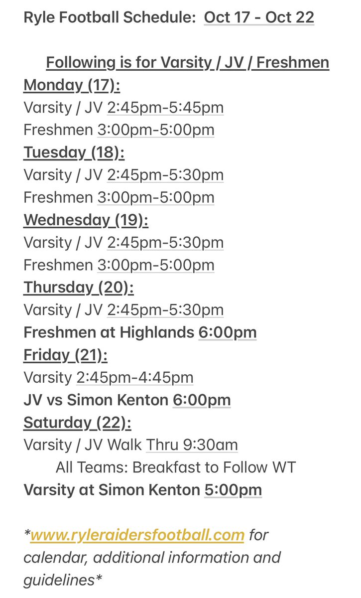 Ryle Football:  Schedule for the Week