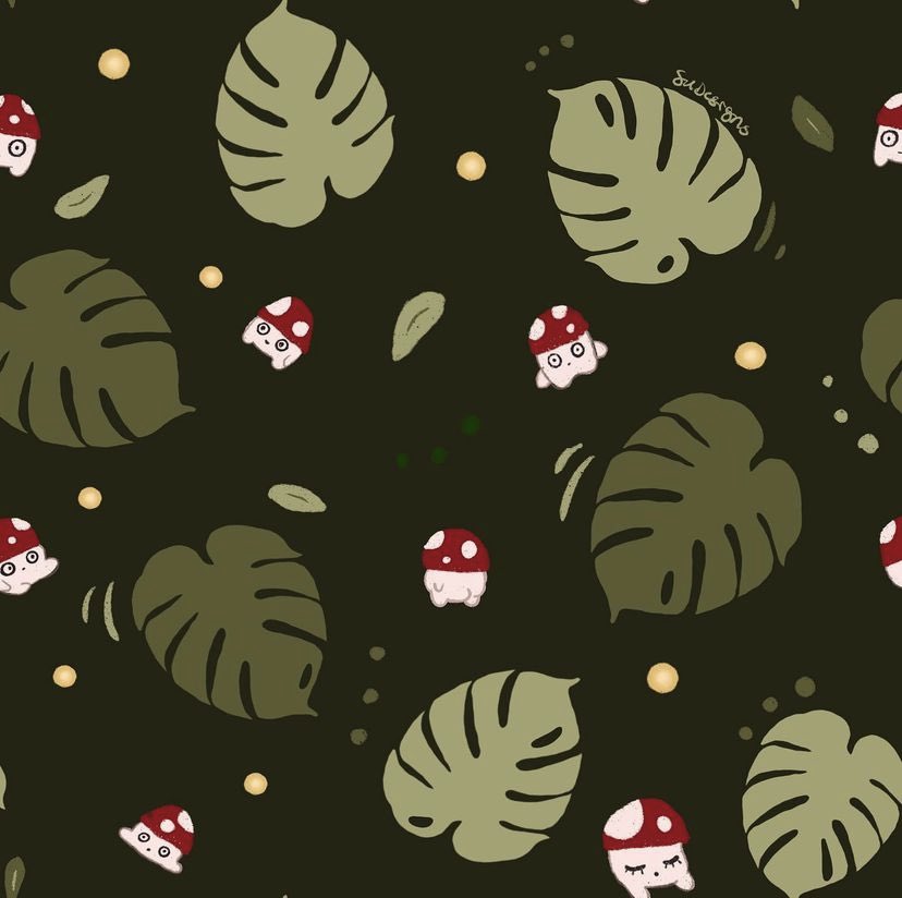 luminemyqueen's tweet photo. “Monstera Mushies” repeat print inspired by yesterdays illustration #illustration #digitalart #surfacedesign #repeatprint #artist https://t.co/75E8PeXZ6p