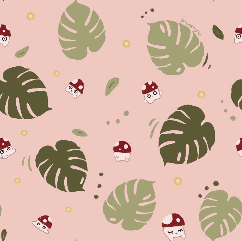 luminemyqueen's tweet photo. “Monstera Mushies” repeat print inspired by yesterdays illustration #illustration #digitalart #surfacedesign #repeatprint #artist https://t.co/75E8PeXZ6p