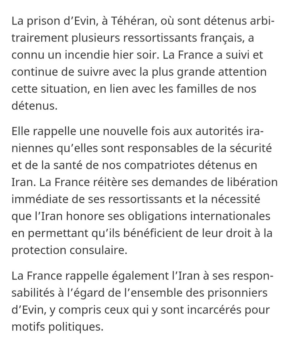 MinColonna's tweet photo. Communiqué sur la situation en #Iran et à la prison d'#Evin ⤵️ https://t.co/JKQTxtAkdt