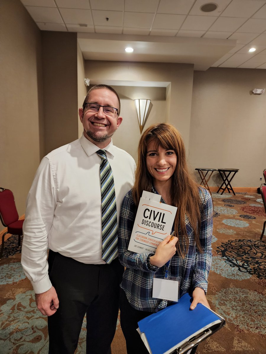 madisonteacher's tweet photo. Happy to meet preservice educator Jazka at the @FLCSSNetwork #fcss22 raffle where she won a copy of #civildiscourse by @msnikki_p &myself! https://t.co/wAsyYu8aPk