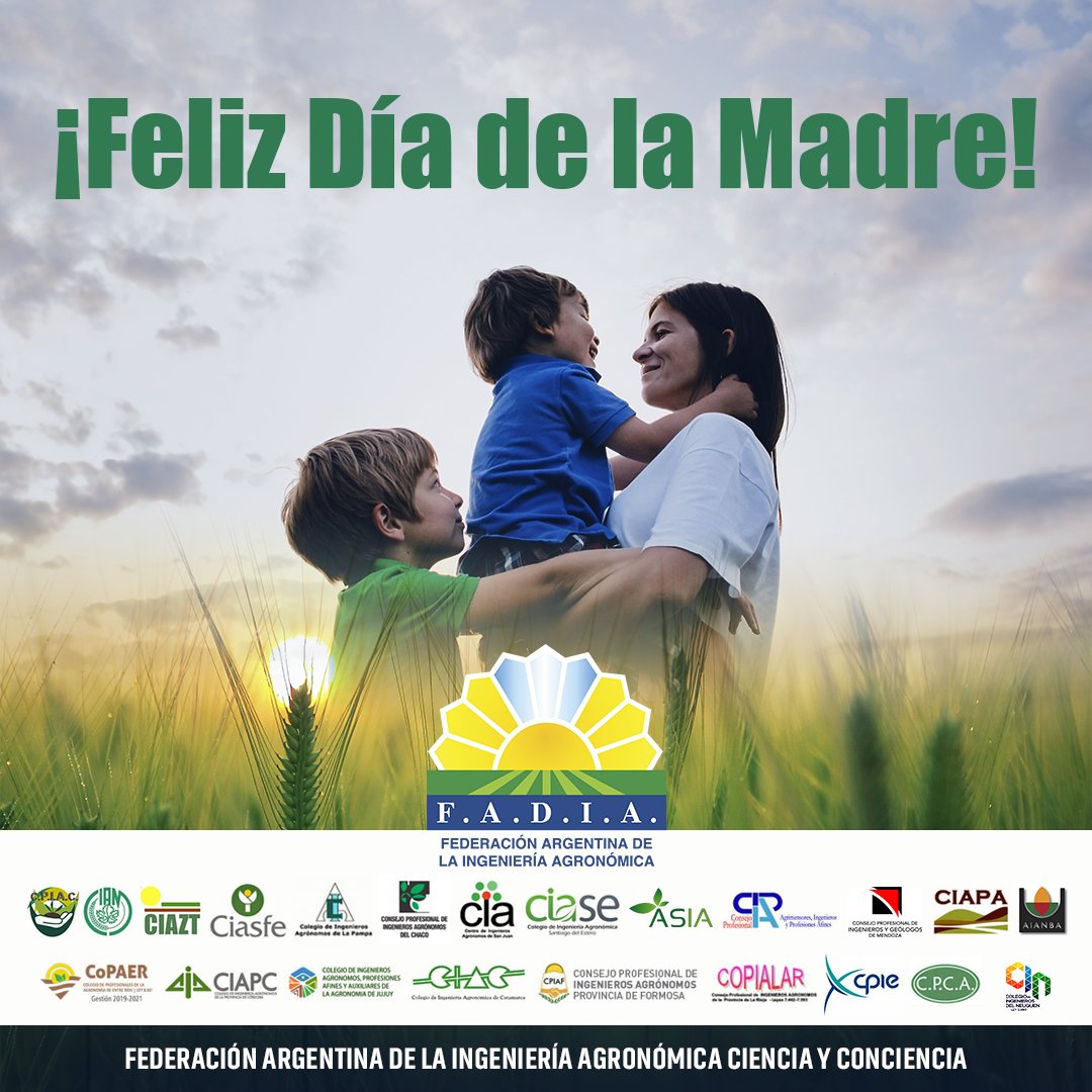 PrensaFADIA's tweet photo. En el #DíaDeLaMadre saludamos a todas nuestras colegas, mamas e Ingenieras Agrónomas, que ejercen "ambas profesiones" en todo nuestro país!!
La #FADIA les desea un muy Feliz día de la Madre!
#ingenierasagronomas #agronomas #FelizDíaMamá #diadelamadre2022 #madresagronomas https://t.co/k5ySj7rMh6