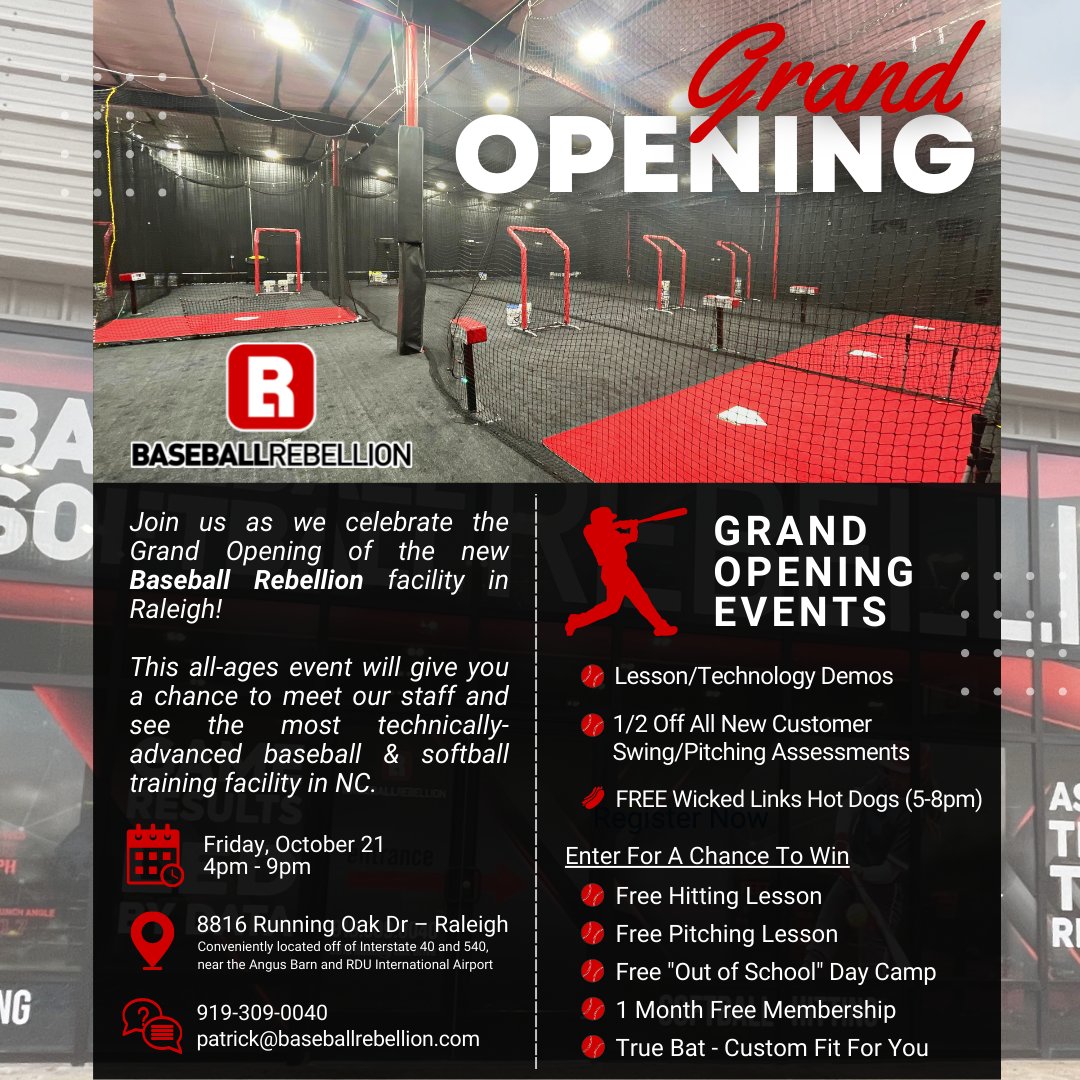 𝐁𝐀𝐒𝐄𝐁𝐀𝐋𝐋 𝐑𝐄𝐁𝐄𝐋𝐋𝐈𝐎𝐍 𝐆𝐑𝐀𝐍𝐃 𝐎𝐏𝐄𝐍𝐈𝐍𝐆!

𝐖𝐡𝐞𝐫𝐞: 8816 Running Oak Drive – Raleigh, NC

𝐖𝐡𝐞𝐧: Friday, October 21 • 4-9pm

𝐄𝐯𝐞𝐧𝐭𝐬: Lesson &amp; Tech Demos • 1/2 Off New Customer Assessments • Raffle for Prizes • 🆓 Wicked Links Hot Dogs