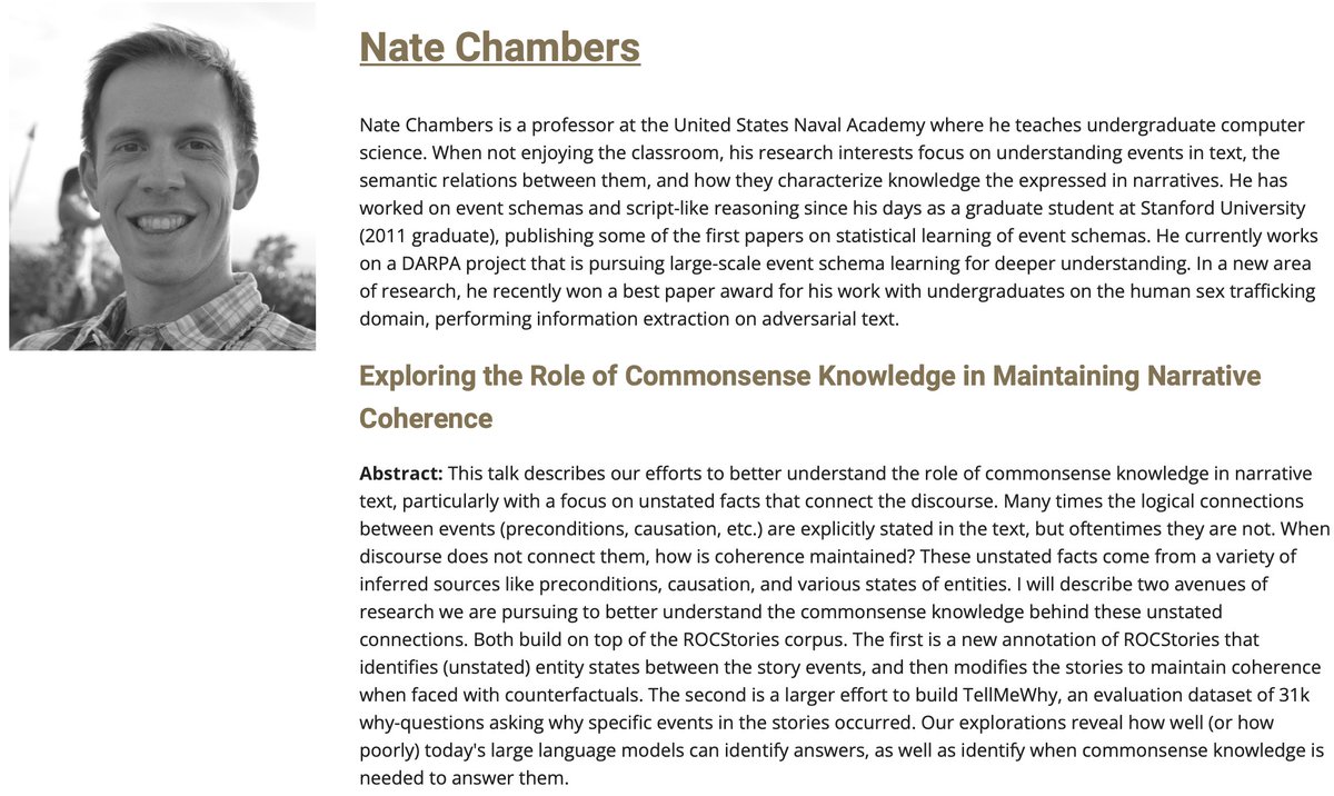 jessyjli's tweet photo. 🕤NEW TIME🕤 Join us at the #COLING2022 CODI workshop for @NateChambers invited talk "Exploring the Role of Commonsense Knowledge in Maintaining Narrative Coherence", 9:30am Oct 17 KST/8:30pm Oct16 EST! https://t.co/hx7LFZaqK2 https://t.co/9szx19AVAV